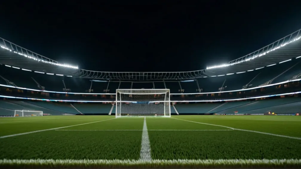 Imagine fotorealistă a unui stadion de fotbal pe timp de noapte