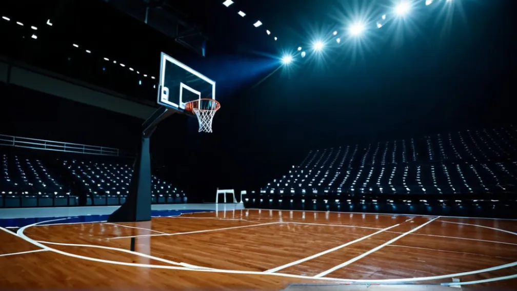 Curte goală de baschet în timpul unui joc, accent pe coș și pe minge în mișcare, iluminare dinamică, fără jucători sau fețe vizibile, culori vibrante, iluminare cinematică, 8k, hiper-realist.