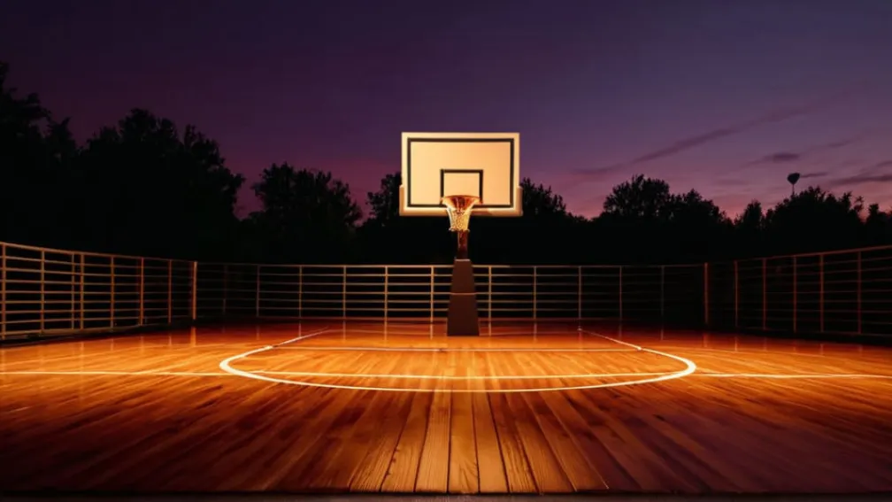 Imagine fotorealistă a unei teren de baschet la crepuscul