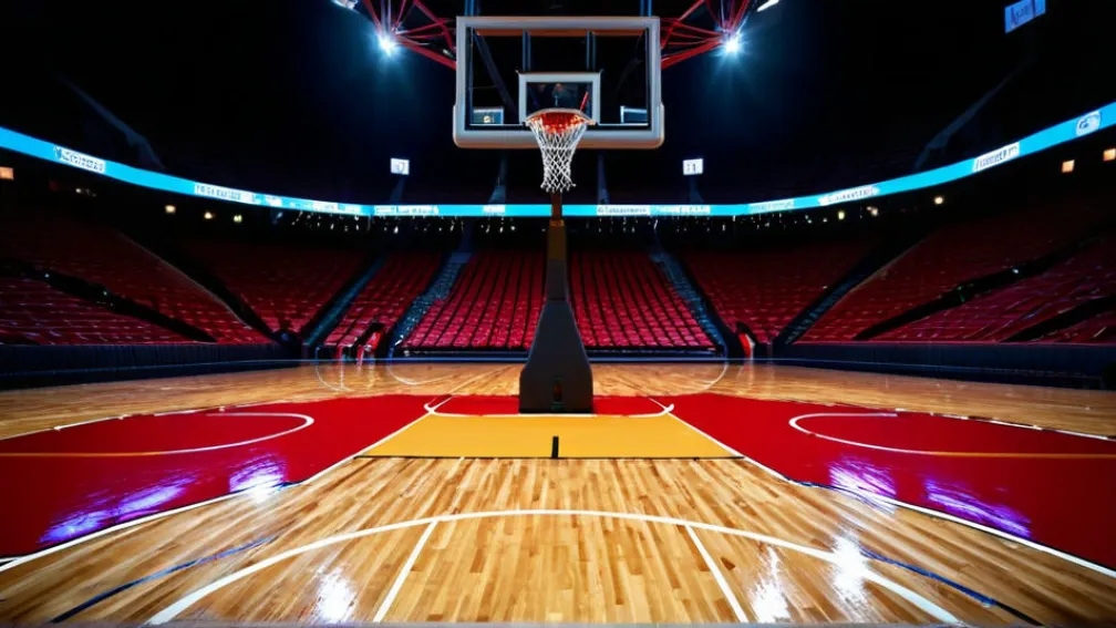 Teren gol de baschet, lumini vibrante de stadion, textură de parchet, plasă, inel, cadru grandangulare, iluminare cinematică, 8k, hiper-realist