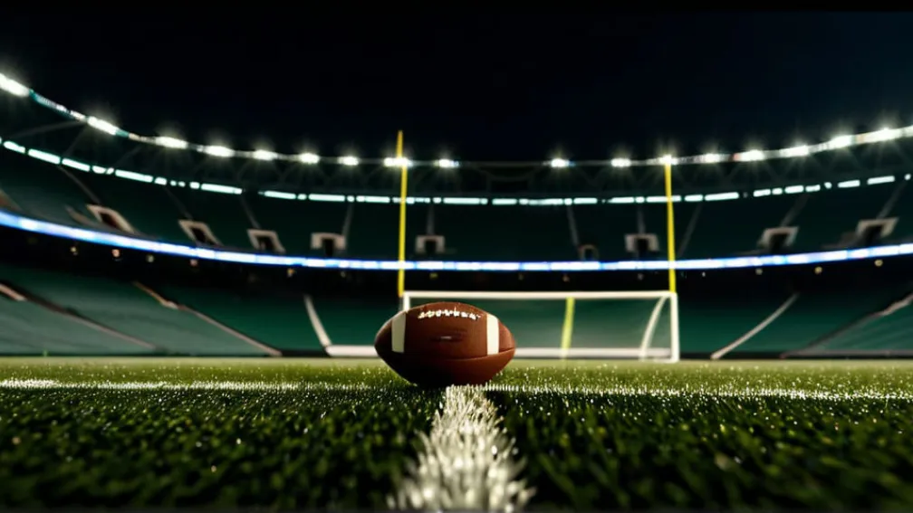 Fotorealistica imagine a unui teren de fotbal sub lumina reflectoarelor pe timp de noapte, cu un singur balon pe gazon. Iluminare cinematografică, 8k, hiperrealistă.