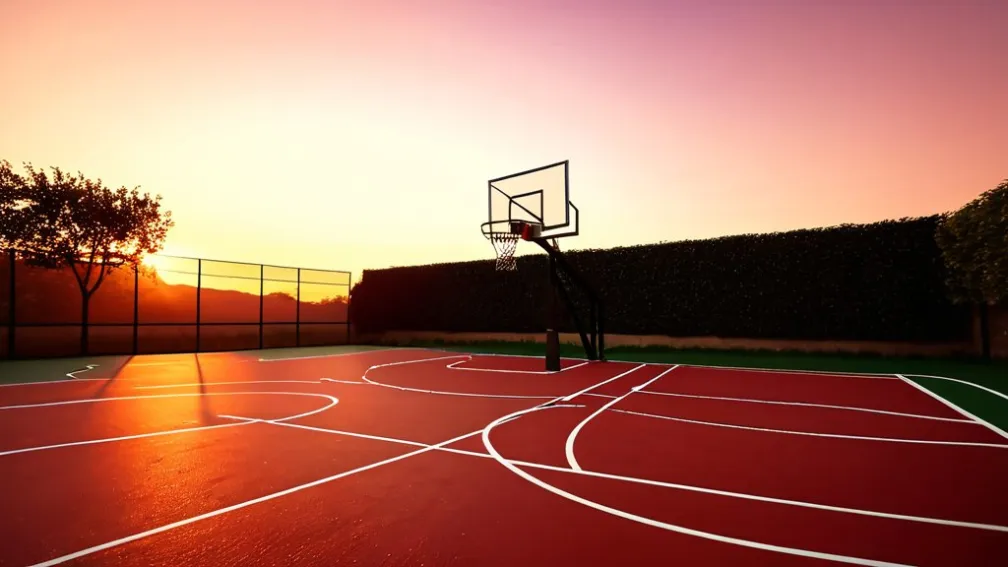 Campo da basket vuoto con canestro al tramonto, illuminazione cinematografica, 8k, iperrealistico.