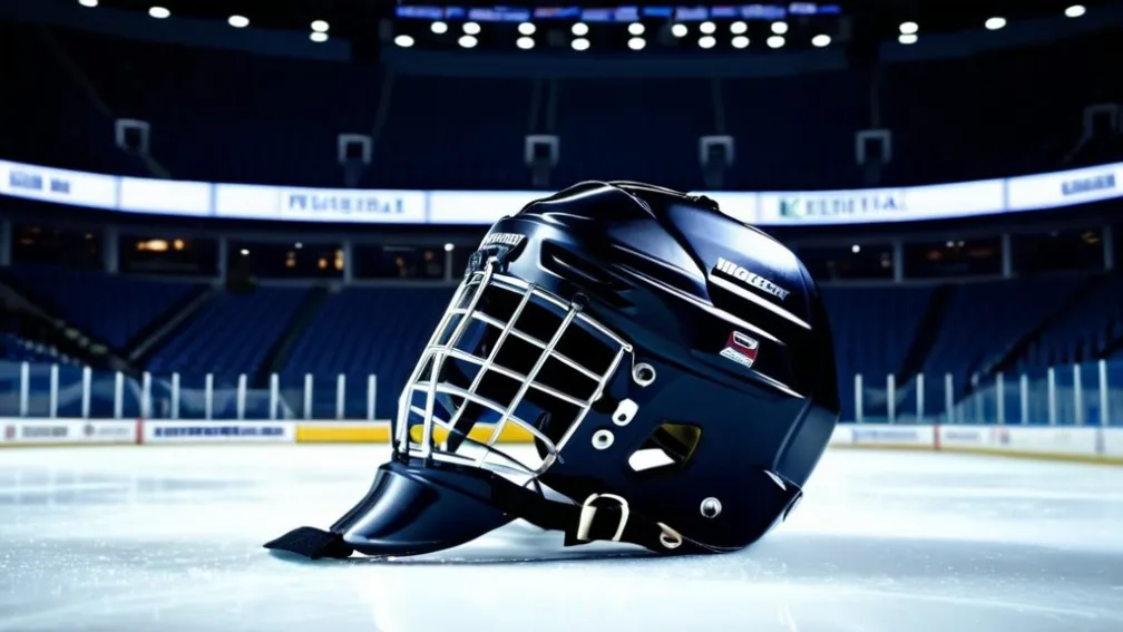 Gros plan al unei căști de hochei pe gheața unei arene goale, cu iluminare dramatică de stadion, 8k, hiper-realist, iluminare cinematografică.
