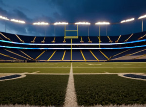 Imagine fotorealistă a unui stadion gol de fotbal american la apus