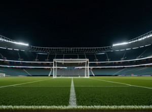 Imagine fotorealistă a unui stadion de fotbal pe timp de noapte