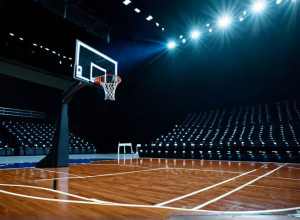 Curte goală de baschet în timpul unui joc, accent pe coș și pe minge în mișcare, iluminare dinamică, fără jucători sau fețe vizibile, culori vibrante, iluminare cinematică, 8k, hiper-realist.