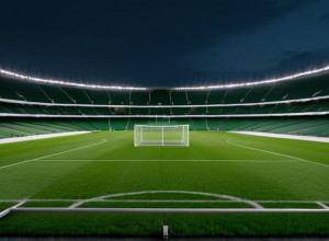 Imagine fotorealistă a unui stadion sportiv mare și gol la apus