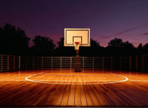 Imagine fotorealistă a unei teren de baschet la crepuscul