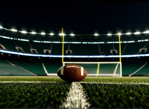 Fotorealistica imagine a unui teren de fotbal sub lumina reflectoarelor pe timp de noapte, cu un singur balon pe gazon. Iluminare cinematografică, 8k, hiperrealistă.