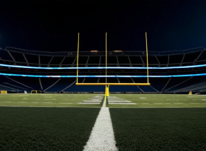 Imagine fotorealistă a unui stadion de fotbal american pe timp de noapte