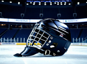 Gros plan al unei căști de hochei pe gheața unei arene goale, cu iluminare dramatică de stadion, 8k, hiper-realist, iluminare cinematografică.